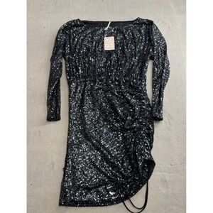 New Free People Graphite Sequin Ruched Long Sleeve Mini Dress Size M